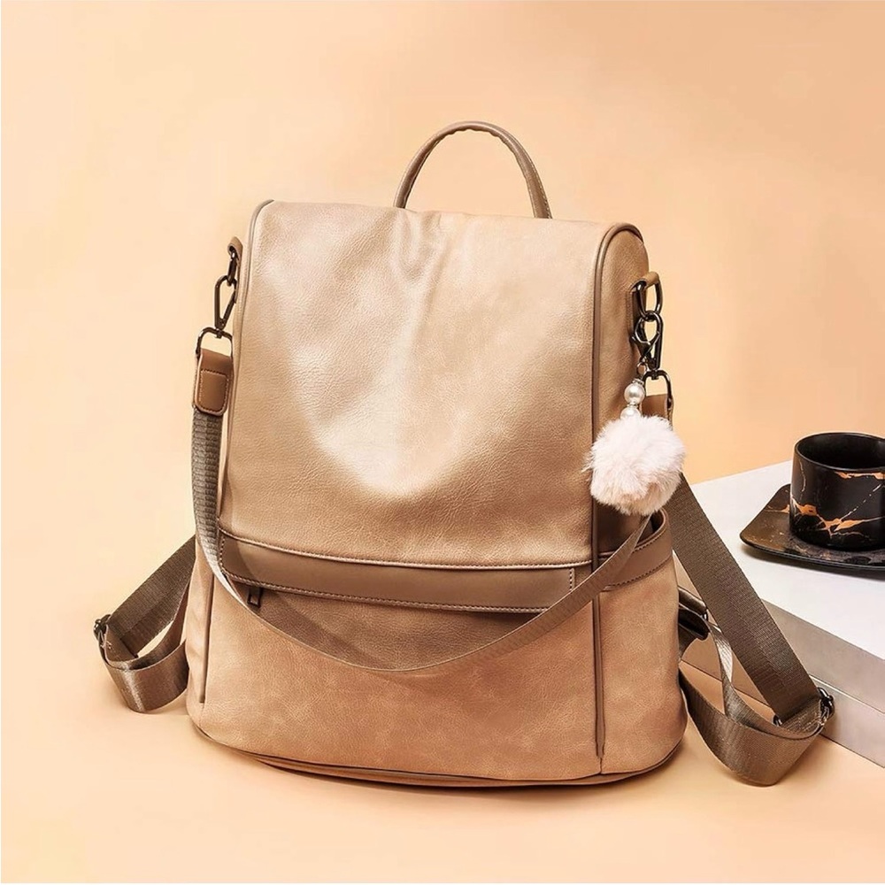 Anti-Theft Backpack Purse Beige Large | Convertible Shoulder Bag | Vegan Leather